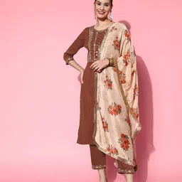 Varanga Women Rust Ethnic Motifs Embroidered Kurta with Trousers & With Dupatta-image-14