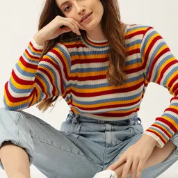 DressBerry Women Red & Mustard Yellow Striped Pullover-10