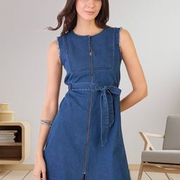 R.Code by The Roadster Life Co. Women Belted Front Zipper Denim A-Line Dress-picture-12