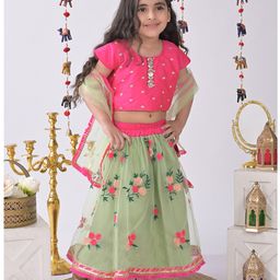 Kinder Short Frill Sleeves Lace Work Detail Top With Embroidered Net Lehenga And Dupatta- Pink & Green-image-2