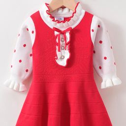 Kookie Kids Viscose Full Sleeves Winter Wear Frock With Frill Detailing- Red-image-27