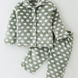 Kanvin Supersoft Extra Warm Velour Full Sleeves Winter Night Suit With Polka Dots Print - Green-image-91