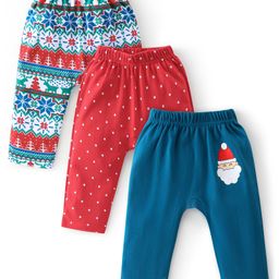 Babyhug Cotton Knit Full Length Diaper Leggings Christmas Theme Printed Pack of 3 - Red & Blue-image-37