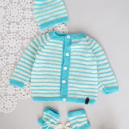 Woonie Full Sleeves Rugby Striped Hand Knitted Sweater Set - Blue-picture-18