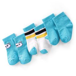Doodle Poodle Cotton Knit Ankle Length Socks Stripe & Bear Design Pack of 3 - Blue & White-image-20