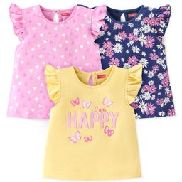 Babyhug 100% Cotton Knit Frill Sleeves Tops with Floral Graphics Pack Of 3 - Pink Navy Blue & Yellow-image-53