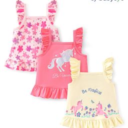 Babyoye Eco Conscious 100% Cotton with Eco Jiva Finish Frill Sleeves Singlet Tops Floral & Unicorn Pack of 3 - Pink-image-33
