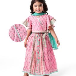 Earthy Touch Cotton Woven Flutter Sleeves Choli Lehenga Set With Dupatta Floral Print - Pink-picture-17