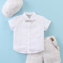 ToffyHouse Poplin Woven Half Sleeves Solid Colour Shirt & Shorts Set with Bow Hat & Suspender - Cream & White-image-47