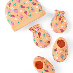 Babyhug 100% Cotton Cap Mittens & Booties Set Strawberry Print - Multicolour-image-10