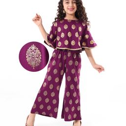Earthy Touch Single Jersey Knit Half Sleeves Foil Print Top & Palazzo Set - Purple-image-53