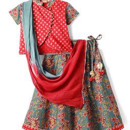 Exclusive from Jaipur Cotton Half Sleeves Floral & Foil Printed Choli & Lehenga with Dupatta & Lace Detailing - Red & Blue-image-2