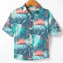 JASH KIDS Viscose Woven Full Sleeves Leaves Printed Shirt - Blue & Green-picture-20