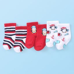 Cute Walk by Babyhug Anti-Bacterial Ankle Length Striped & Penguin Design Socks Pack of 3 - White & Red-image-47