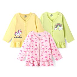 Doodle Poodle 100% Cotton Knit Full Sleeves Jhablas With Unicorn & Rainbow Print Pack of 3 - Pink Green & Yellow-image-85