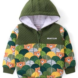 Babyhug Cotton Knit Full Sleeves Front Open Hooded Sweatjacket with Quilted Design & Bear Print - Olive Green-image-45