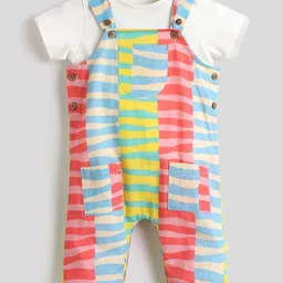 Somersault Abstract Striped Dungaree Style Romper With Solid Tee - Multi Colour-picture-36