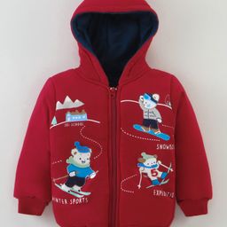 Cucumber Taffeta Woven Full Raglan Sleeves Hooded Sweatjacket with Bears Print - Red-image-54