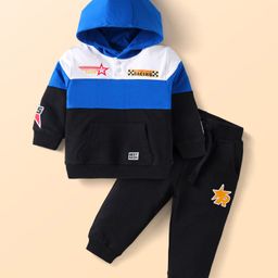 Babyhug Terry Knit Full Sleeves Cut & Sew Hooded T-Shirt & Lounge Pant Set with Text Print & Embroidery - Black-image-25