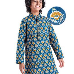 Pine Kids Cotton Woven Full Sleeves Ajrakh Floral Printed Kurta - Navy Blue-image-43