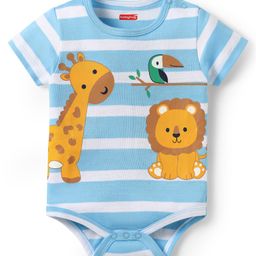 Babyhug 100% Cotton Knit Half Sleeves Onesie With Stripes & Animal Print - Light Blue-image-91