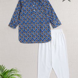 The Magic Wand Cotton Full Sleeves Floral Motifs Printed Pathani Kurta With Pyjama Set - Blue-image-70