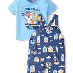 Babyhug Single Jersey Knit Dungaree & Half Sleeves T-Shirt With Beach Theme Print - Blue-image-118