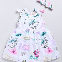 Snuggly MONKEY Poplin Sleeveless Beach Theme Printed Dress With Headband Set - White-image-13