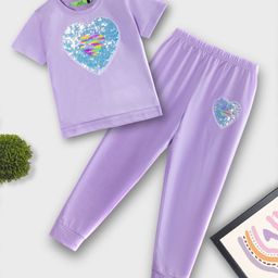 Tiara Pure Cotton Half Sleeves Heart Shaped Reversible Sequins Embellished Coordinating Top & Pant Set - Lilac-image-5