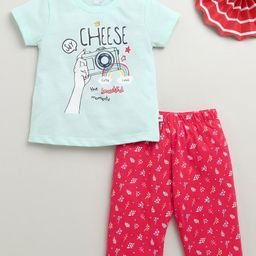 BUMZEE Cotton Knit Half Sleeves Floral & Text Printed T-Shirt & Capri Set - Dark Pink & Mint Green-image-73