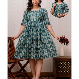 CeleBravo Cotton Half Sleeves Floral Printed Maternity Dress With Nursing Access - Green-image-21