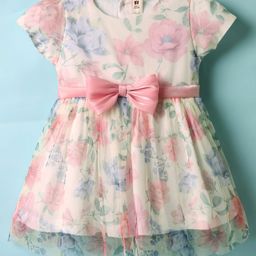 ToffyHouse Woven Half Sleeves Frock With Floral Print & Belt - Off White-image-89