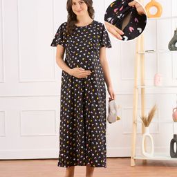 Bella Mama Cotton Knit Half Sleeves Nighty With Concealed Zipper & Heart Print - Blue-image-79