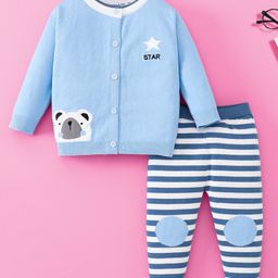 Mark & Mia Cotton Full Sleeves Front Open Baby Sweater Set with Stripe & Panda Design - White & Light Blue-image-33