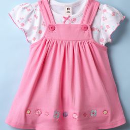 ToffyHouse Interlock Knit Frock & Half Sleeves Inner Tee With Floral Print & Embroidery - Pink-image-69