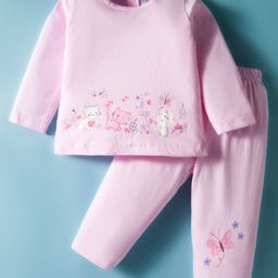 Tango Single Jersey Knit Full Sleeves Top and Lounge Pant Set With Kitty & Floral Print - Pink-picture-19