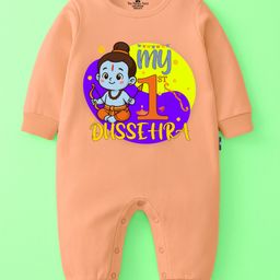 The Peppy Tend 100% Cotton Knit Dussehra Theme Full Sleeves My 1st Dussehra Text Printed Romper - Peach-picture-7