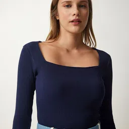 Happiness istanbul Women Ribbed Square Neck Cotton Fitted Top-42