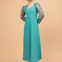 Frolic Rolic Sweetheart Neck Organza Printed Full Sleeves Knitted Polyester Maxi Dress-image-73