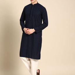 RAJUBHAI HARGOVINDAS Men Navy Blue Ethnic Motifs Embroidered Chikankari Kurta-image-61
