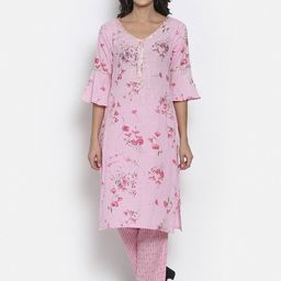 MARC LOUIS Floral Printed V Neck Gotta Patti Pure Cotton Kurta With Trousers-image-34