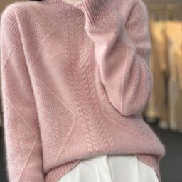 all about you Women Self Design Cable Knit Diamond Pattern High Neck Pullover Sweater-picture-13