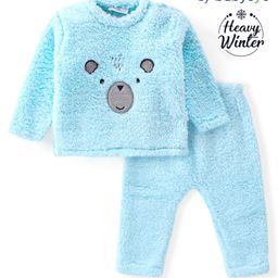 Babyoye 100% Cotton Solid Dyed Full Sleeves Baby Sweater Sets With Teddy Embroidery - Blue-image-62