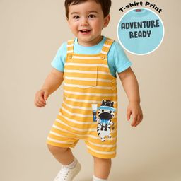 Babyhug Single Jersey Knit Striped Dungaree with Half Sleeves Inner T-Shirt Text & Zebra Print - Yellow & Blue-image-79