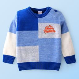 Babyhug Knitted Full Sleeves Color Blocked Sweater Text Embroidery - Blue-image-18