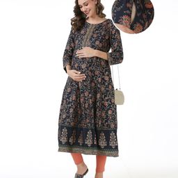 Bella Mama Woven Three Fourth Sleeves Maternity Kurta With With Border Design & Pocket Floral Print - Navy Blue-picture-15