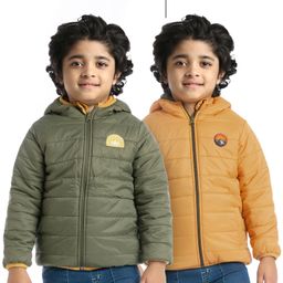 Babyhug Woven Full Sleeves Solid Color Padded Hooded Reversible Jacket - Olive Green & Mustard-image-89