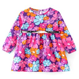 Babyhug Fleece Knit Full Sleeves Frock With Floral Print- Purple-picture-25