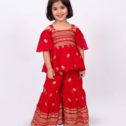 Elaisha Cold Shoulder Floral Embroidered Peplum Top & Sharara Set - Red-image-2