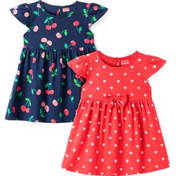 Babyhug Single Jersey Knit Cap Sleeves Dresses With Heart & Fruit Print & Bow Applique Pack of 2 - Navy Blue & Red-image-11